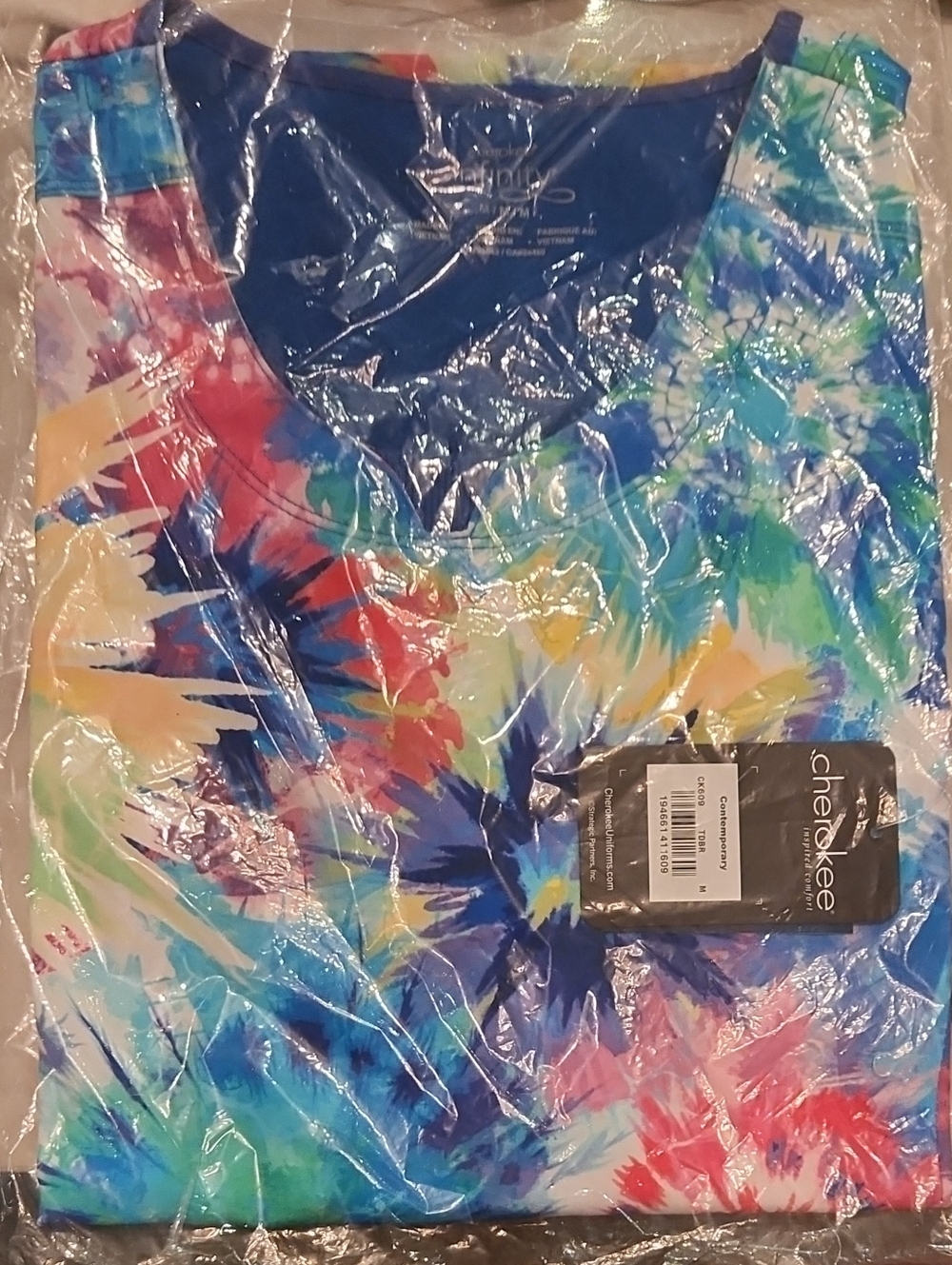 Cherokee Women’s Multicolor Splash Tie-Dye Scrub Top Short Sleeve Tee Size Med